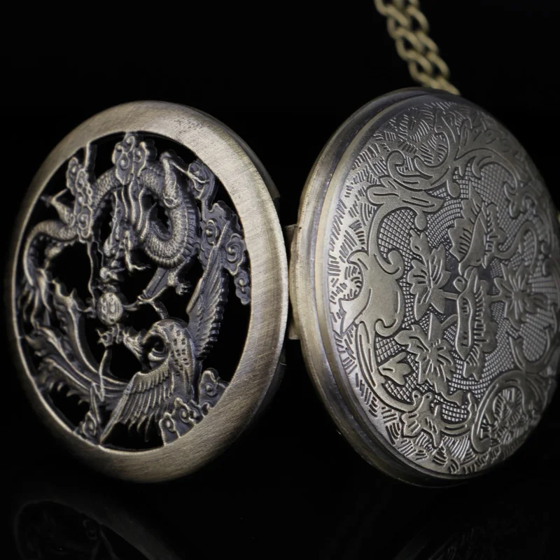 Chinese Holllow Dragon Quartz Pocket Watch Necklace Vintage Pendant Male Clock With Chain Gifts