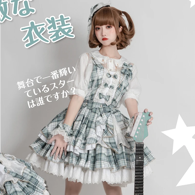 Sweet lolita dress vintage bowknot cute  plaid high waist princess victorian kawaii girl Suspender skirt gothic lolita cos loli