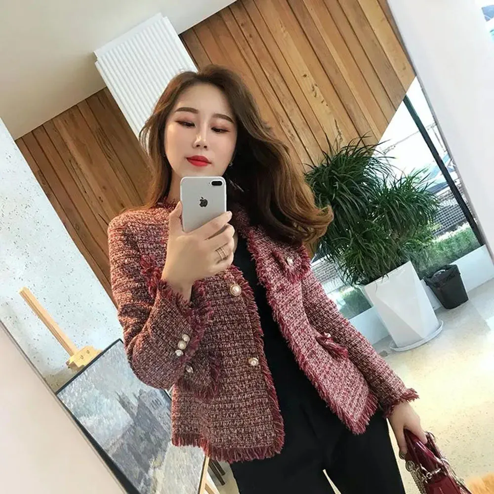 New Women Retro Elegant Red Plaid Office Jacket Coat Autumn Slim Lady Tassel Pearl Metal Single-Breasted Tweed Short Tops Coat