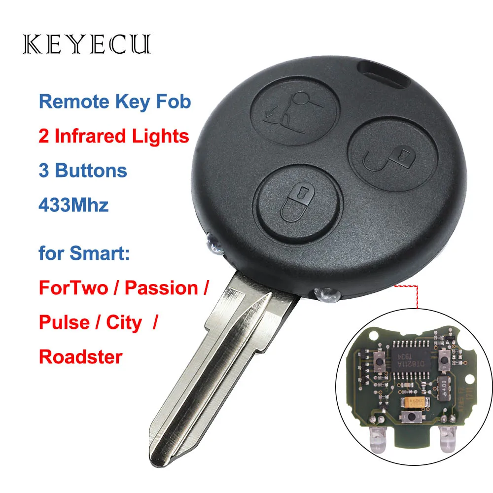 

Keyecu Replacement Remote Key Fob 3 Buttons 433mhz for Smart ForTwo Passion Pulse City Roadster with 2 Infrared Lights