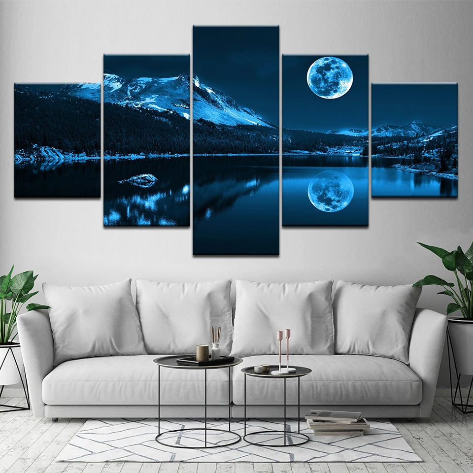 5 Panel Blue Moon Night Scene Modular Canvas Posters Wall Art Pictures Paintings Accessories Home Decor Living Room Decoration