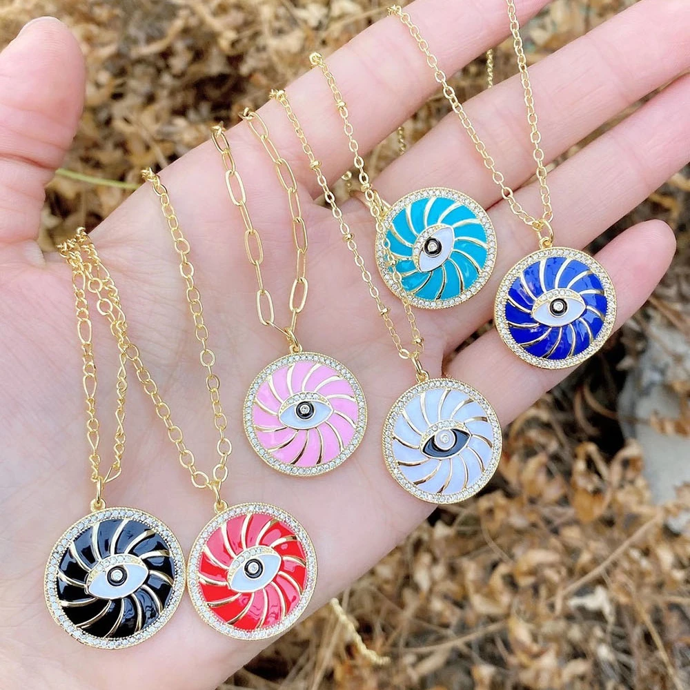 10Pcs High quality multi colors enamel round coin pendant cz pave lucky eye charm necklace with thin chain for women