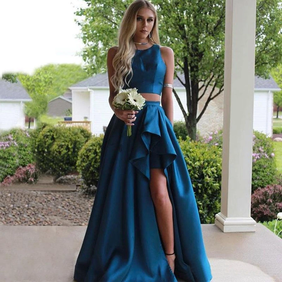 

Two Pieces Country Prom Dresses Jewel Neck Split Side Wedding Guest Dress Satin Maid Of Honor Gowns платье на выпускной платье