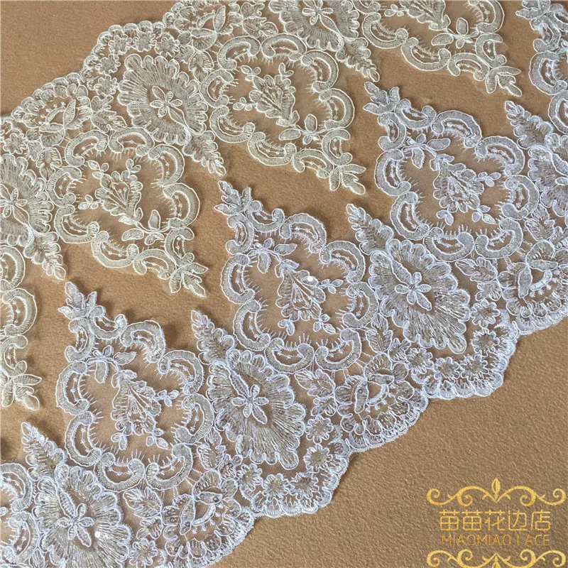 Delicate 1Yard White/Ivory Sequin Cording Fabric Flower Venise Venice Mesh Lace Trim Applique Sewing Craft for Wedding Dec. 23cm