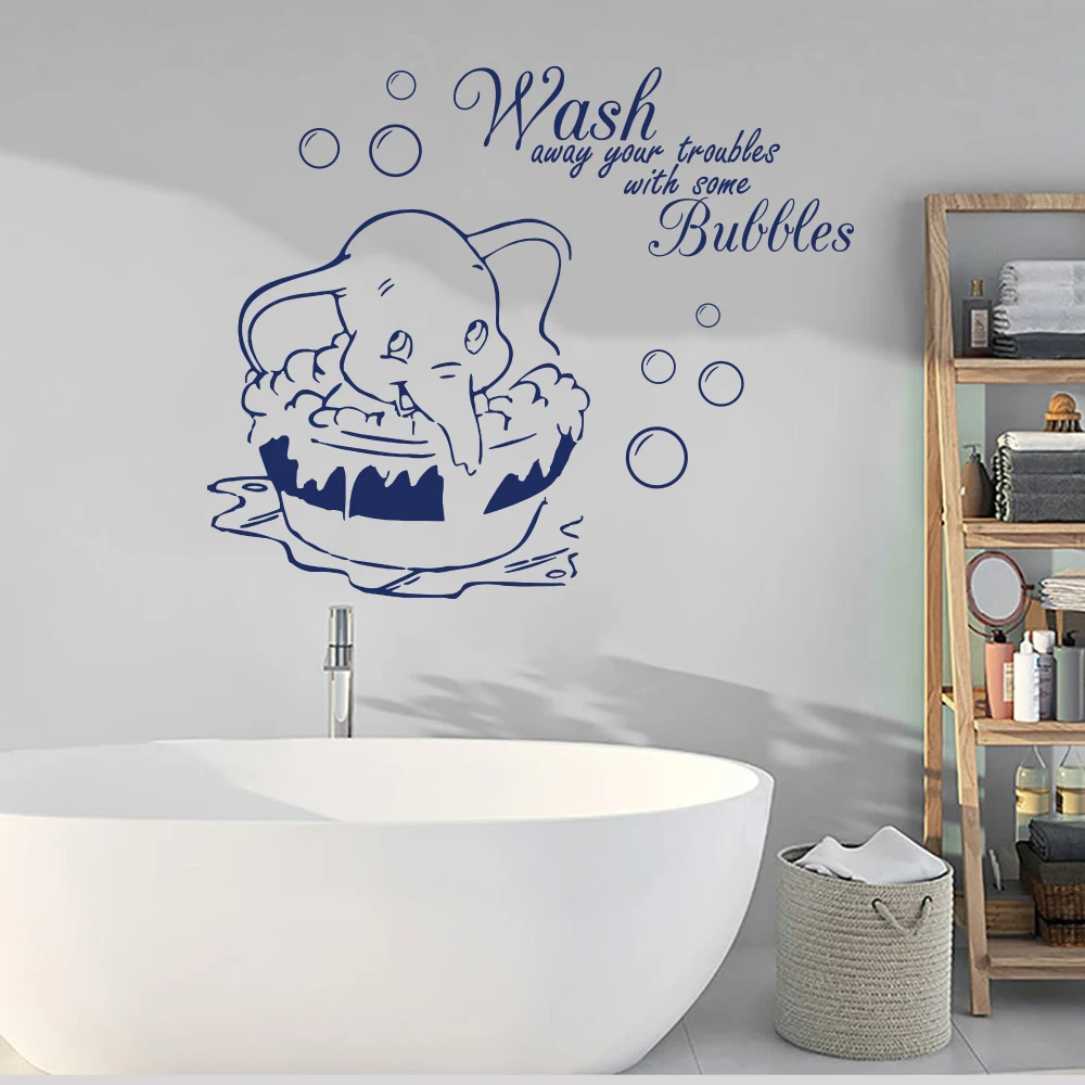 Dumbo Wash Away Your Troubles Wall Sticker Bathroom Toilet Elephant Wash Bubble Inspirational Quote Wall Decal Bath Vinyl Decor