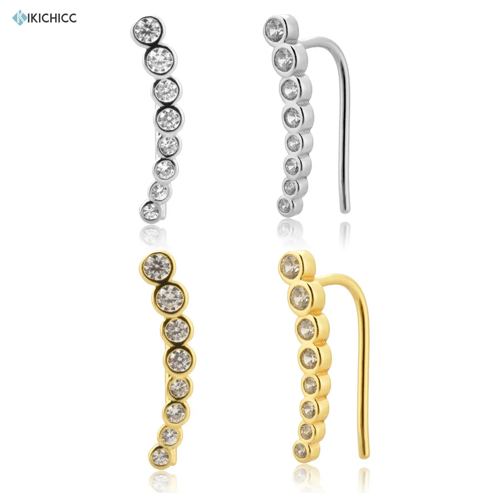 Kikichicc 925 Sterling Silver Gold 15mm Line Climber Stud Earring Thread Ear Pin Crystal Round CZ Zircon Luxury Jewelry