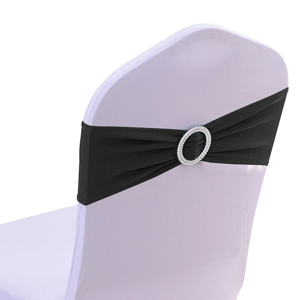 

Wholesales/Retail 50 Pieces Black Chair Elastic Spandex Chair Bands With Round Plastic Buckle Wedding Decoration CB-50-BL