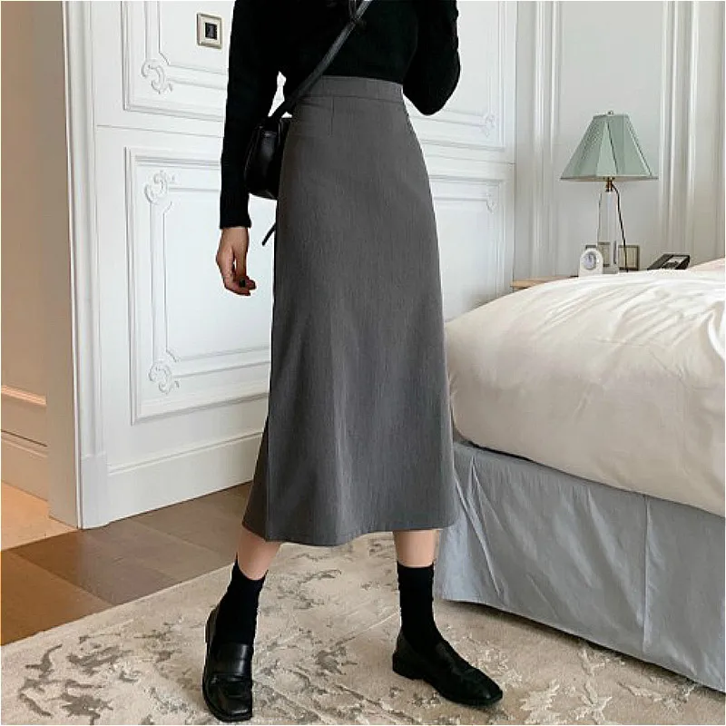 Skirts Women Black Stretch Empire Teenagers Midi All-match Casual Daily Ulzzang Feminino Popular Lady Spring Solid Simple Basic