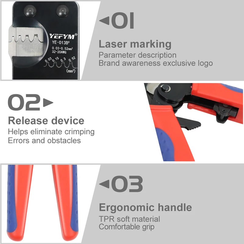 JST DuPont Terminals XH2.54/PH2.0/ZH1.5/SH1.0/ DuPont 2.0/2510 Pliers YE-013BR Mini Crimping Tools 0.03-0.52mm²/32-20AWG