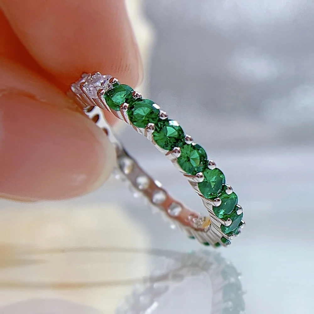 WUIHA Romantic 925 Sterling Silver Round Created Moissanite Emerald Gemstone Wedding Engagement Row Diamond Ring Fine Jewelry