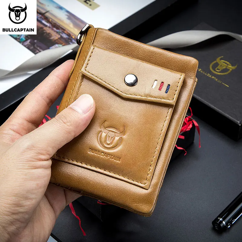BULLCAPTAIN Leather Men\'s Wallet Double Coin Purse Small Mini Card Holder Pocket Business Wallet QB 057