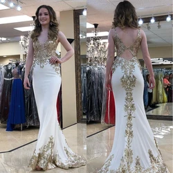 Stunning Lace Appliqued Backless Prom Dresses Sheer Deep V Neck Sleeveless Sequined Evening Gowns Floor Length Formal Dress