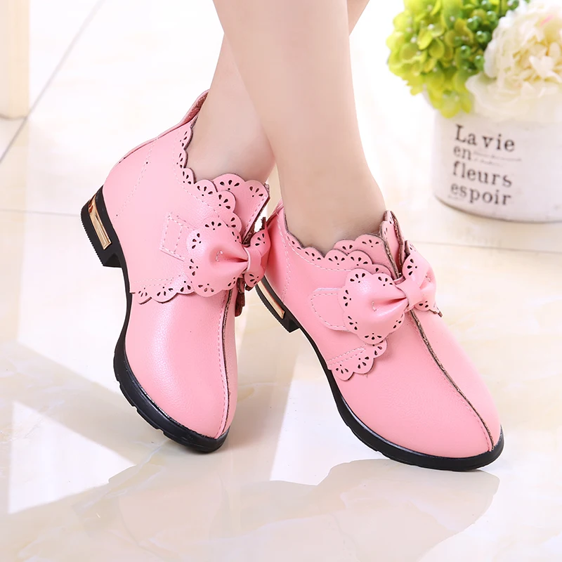 Girls Leather Shoes Autumn 2019 New Student Princess Shoes Fashion Lace Bow Children Girl Shoes Kids Short Boots Black Red Pink