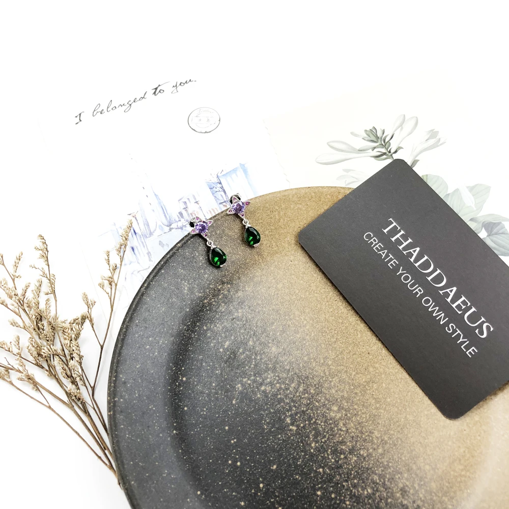 Ear Studs Green Drop With Purple Star Geometrical Jewerly For Women Summer New Bohemia Positive Gift In 925 Sterling Silver