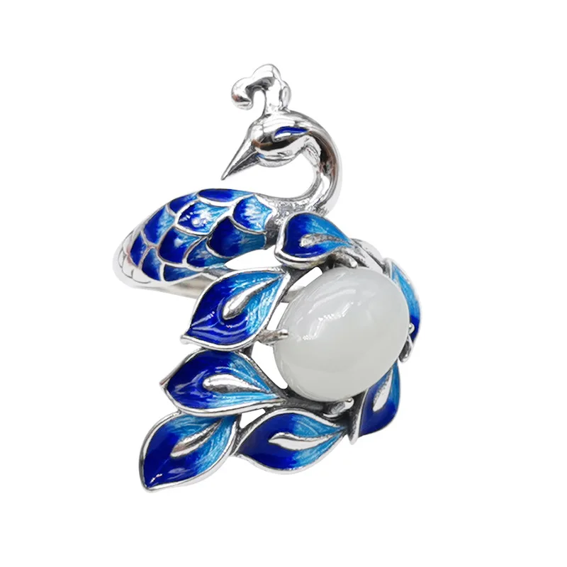 

S925 Sterling Silver Rings for Women 2021 New Trendy Blue Enamel Jade Peacock Pure Argentum Fashion Gem Jewelry
