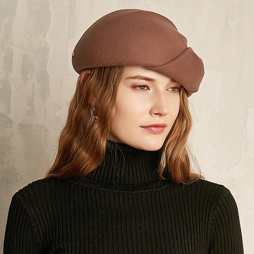 X4033 Stewardess Hat Female Wool Felt Hat Adult Woolen Beret Caps Retro British Fascinators Adult Basin Caps