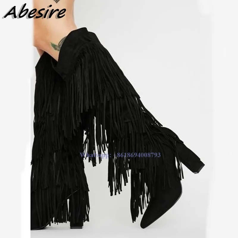 

New Long Knee High Fringe Boots Solid Chunky High Heel Zipper Pointed Toe Black Women Boots Pointed Toe Shoes botas de mujer