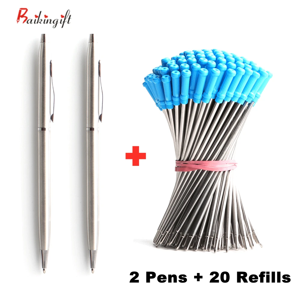 2+20 Pcs/Set Metal Ballpoint Pen With Refills For School Office Stainless Steel Material Ball Pen Black Blue Refill Ink