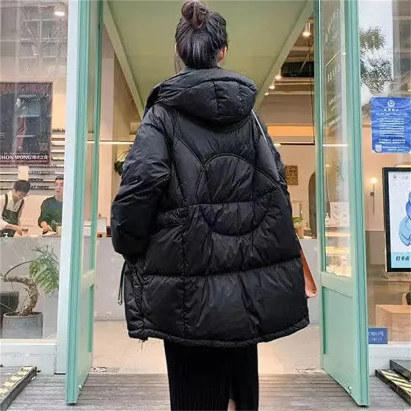 Winter 2021 New Korean Down Cotton Jacket Women Mid-Length Fashion Pink Thick Hooded White Duck Down Jacket M190