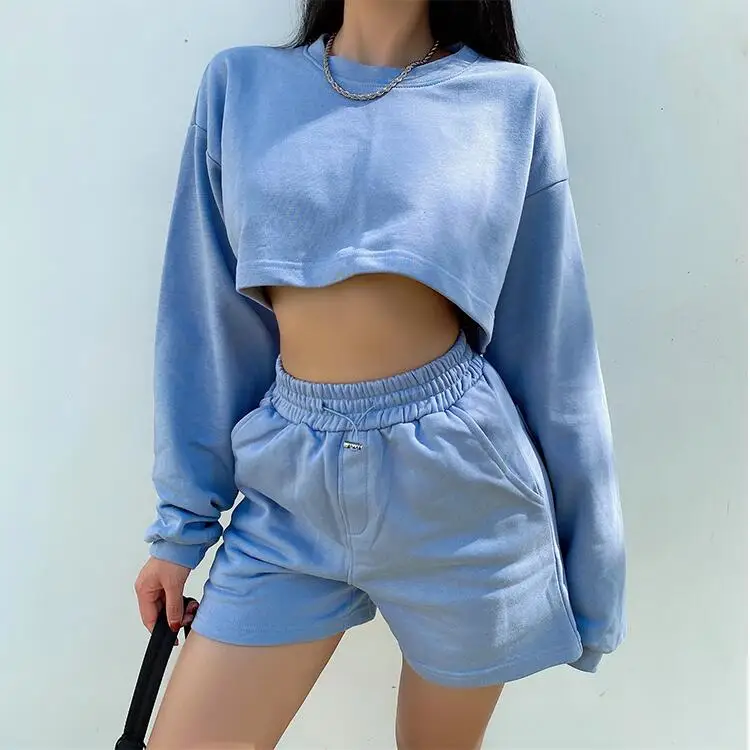 Womens Casual Tracksuits 2 Piece Set Spring Crop Sweatshirt + Sporting Shorts Sweat Set Ladies Two Piece Outfit Solid Color Suit