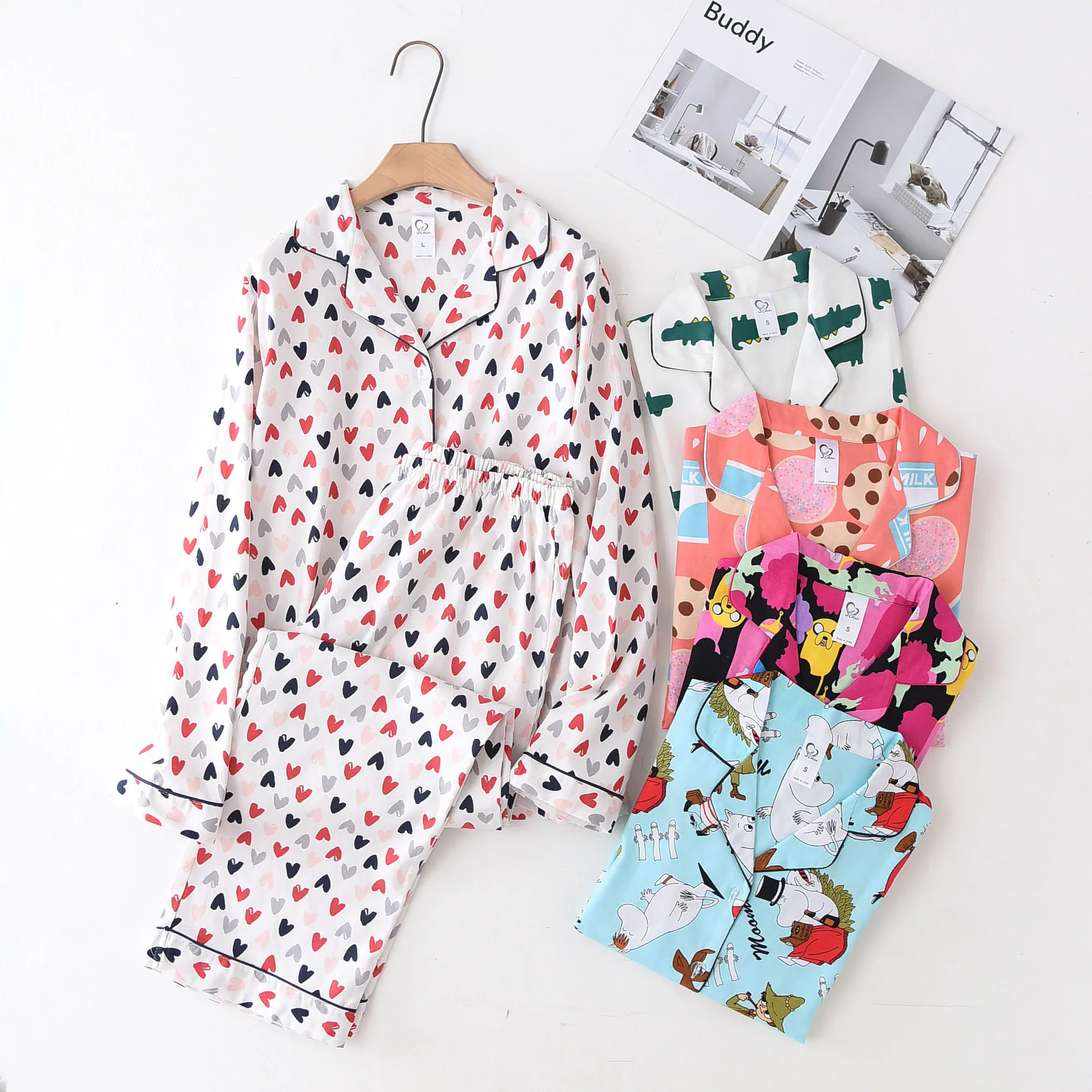 Cute Cartoon 100% brushed cotton women pajama sets Spring Autumn Casual fashion sleepwear women homewear sexy pijamas mujer