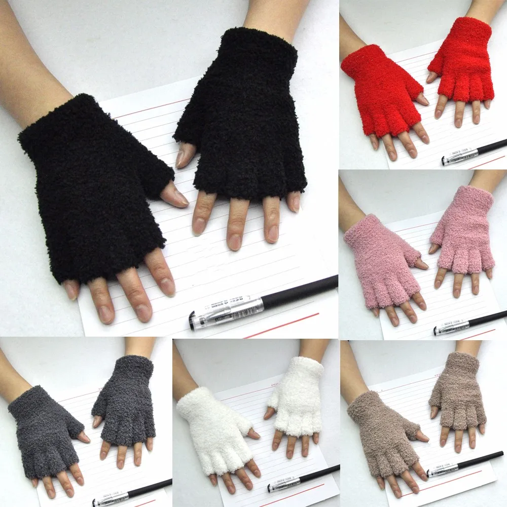 Fingerless Unisex Gloves Mitten Fingerless Fleece Half-Fingers Fuzzy Adult Cute Pink Warm Winter Female Gloves