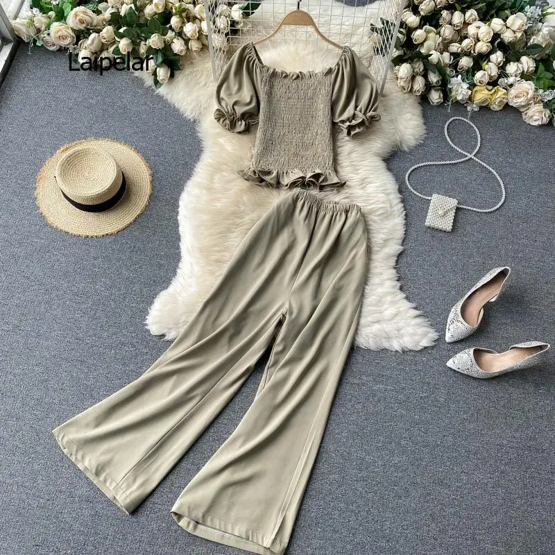 

2021 summer ladies suit Korean fashion retro solid color puff sleeve top all-match high-waist wide-leg pants two-piece