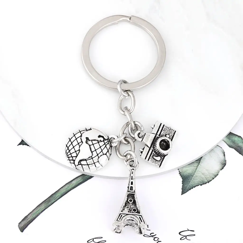 1Pc Popular Eiffel Tower and Globe Map Keyring Making Camera Travel Theme Keychain Souvenir Jewelry Accessories E2682