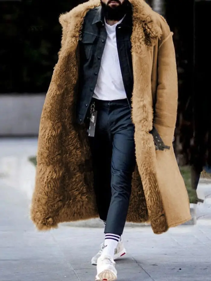 Winter Men\'s Jacket Cardigan Lapel Long Coat Wool Warm Windproof Coat Fur Collar Coat