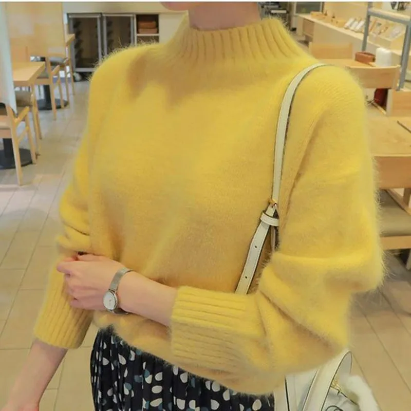 JSXDHK New Korean Women Knitted Sweater Autumn Winter Yellow Mink Cashmere Soft Warm Pullovers Casual Loose Stand Collar Tops