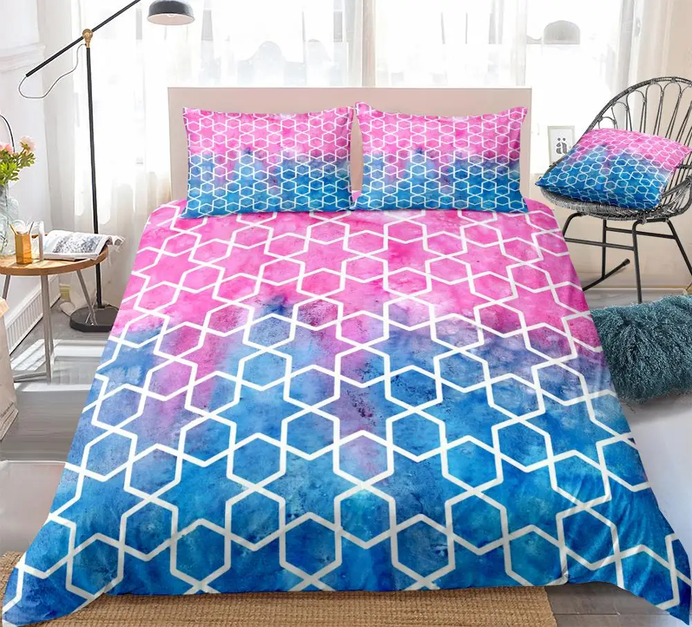 

Watercolor Geometric Duvet Cover Set Pink Blue Mosaic Bedding Kids Boys Girls Microfiber Bedding 3PCS Pink Blue Queen Dropship