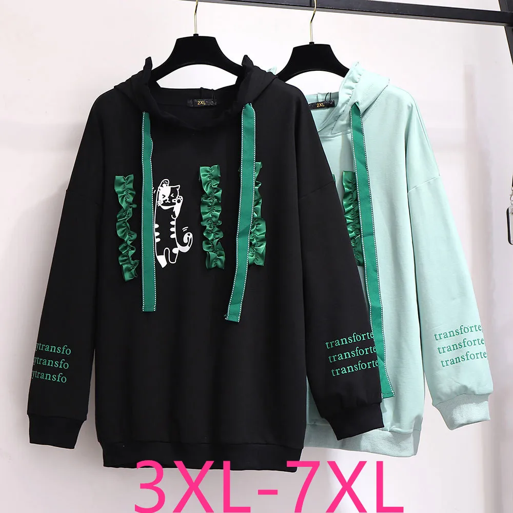 New Spring Autumn Plus Size Women Clothing Large Hoodie Long Sleeve Cotton Black Green Print Sweatshirt Coat 3XL 4XL 5XL 6XL 7XL