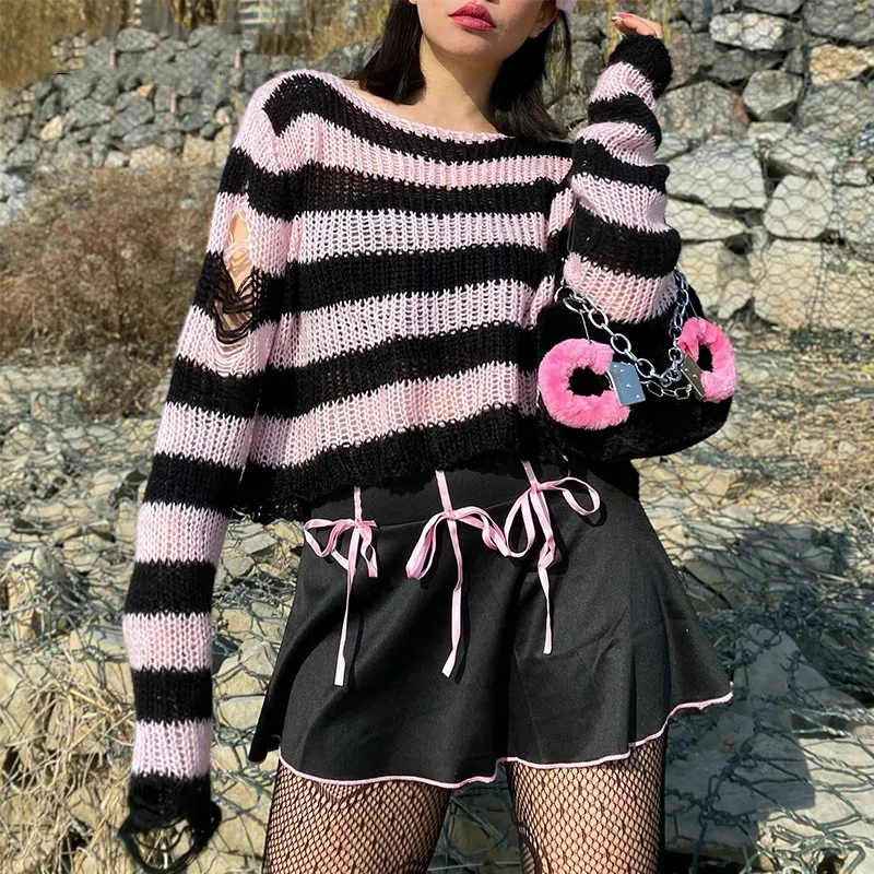 Punk Gothic Short Sweater 2021 Summer Women Sexy Striped Cool Hole Broken Jumper Loose Alt Emo Dark Streetwear Y2k Top Unisex