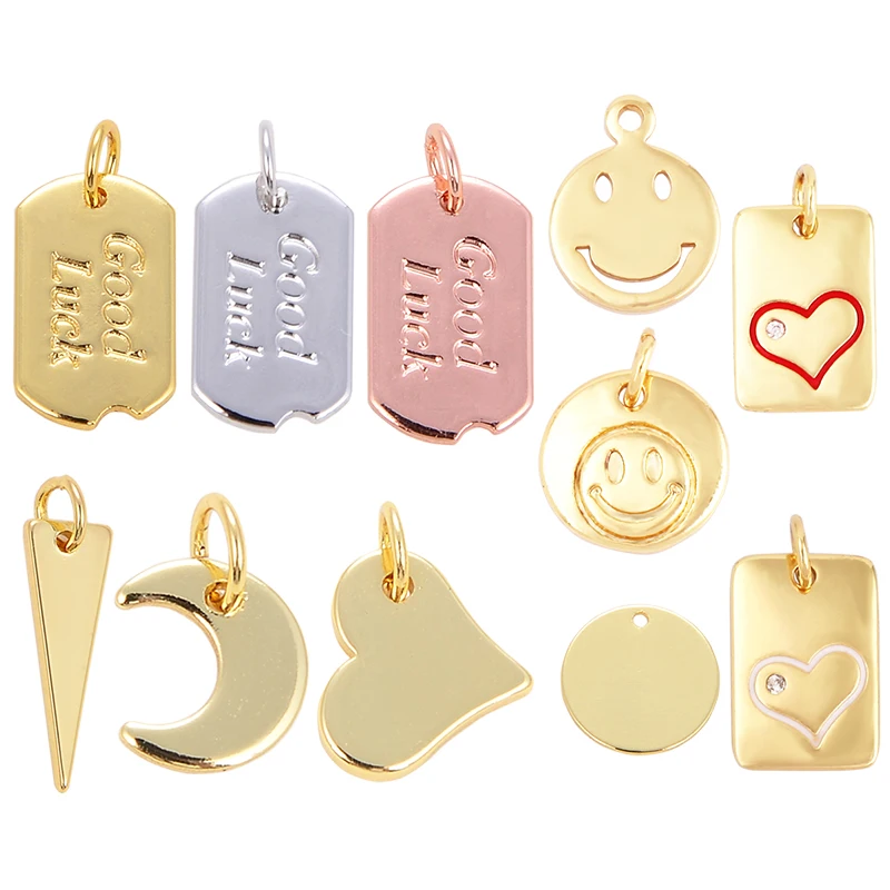 Trendy Good Luck Colorful Happy Face Heart Moon Triangular Charm Attachment,Brass Real Gold Plated Jewelry Findings Supplies