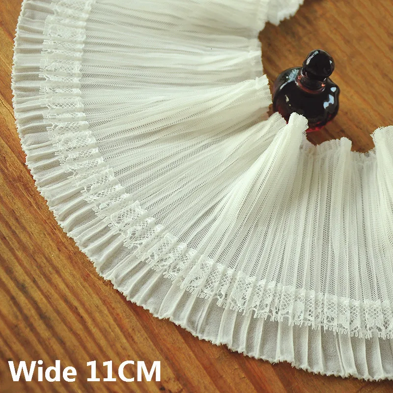 11CM Wide Luxury White 3D Pleated Chiffon Guipure Fabirc Embroidered Ruffle Lace Collar Cuffs Trim Ribbon Dress Sewing Supplies