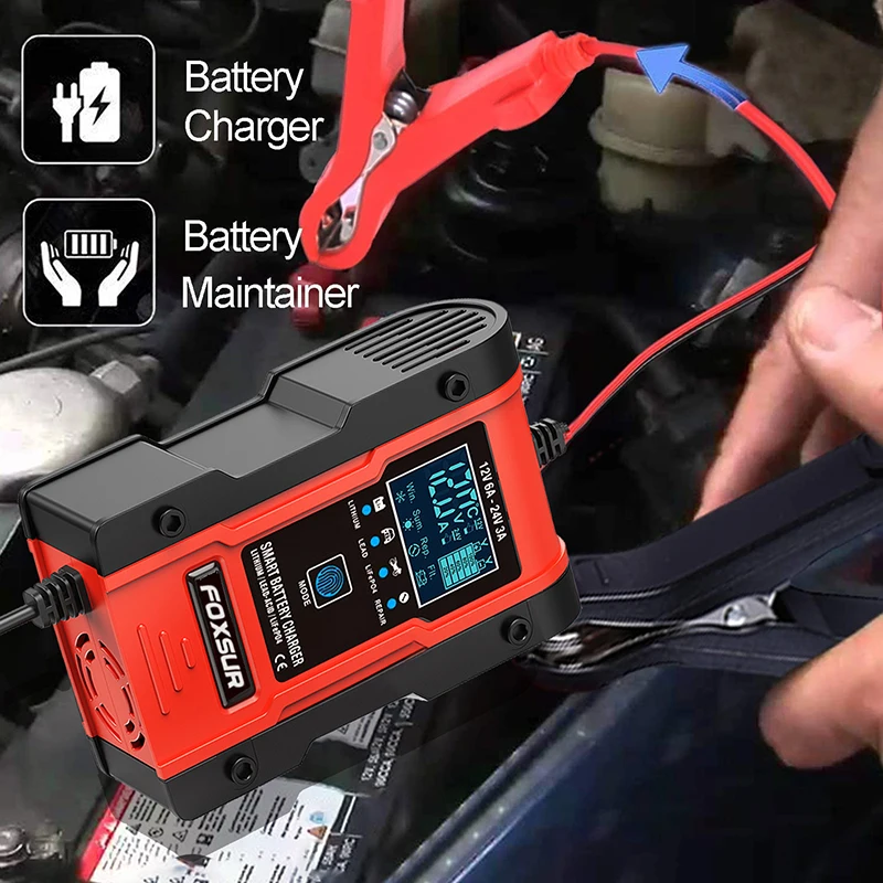 

Автомобильное зарядное устройство для аккумуляторов 12 В и 24 В, зарядное устройство для литий-железо-фосфатных аккумуляторов, полностью автоматическое зарядное устройство 6 А для аккумуляторов AGM GEL WET Lead Acid