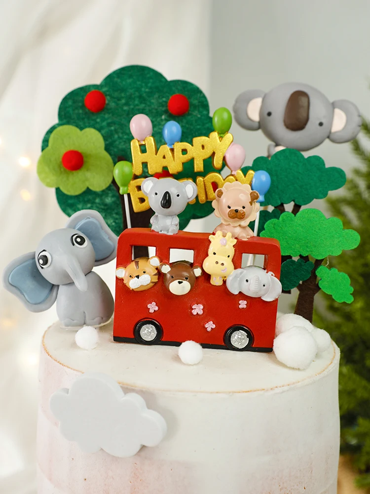 Cute Animal Baby Birthday Cake Topper Children's Day Baking Decoration Elephant Giraffe Bus Car Cartoon Boy Gift Party Dress Up