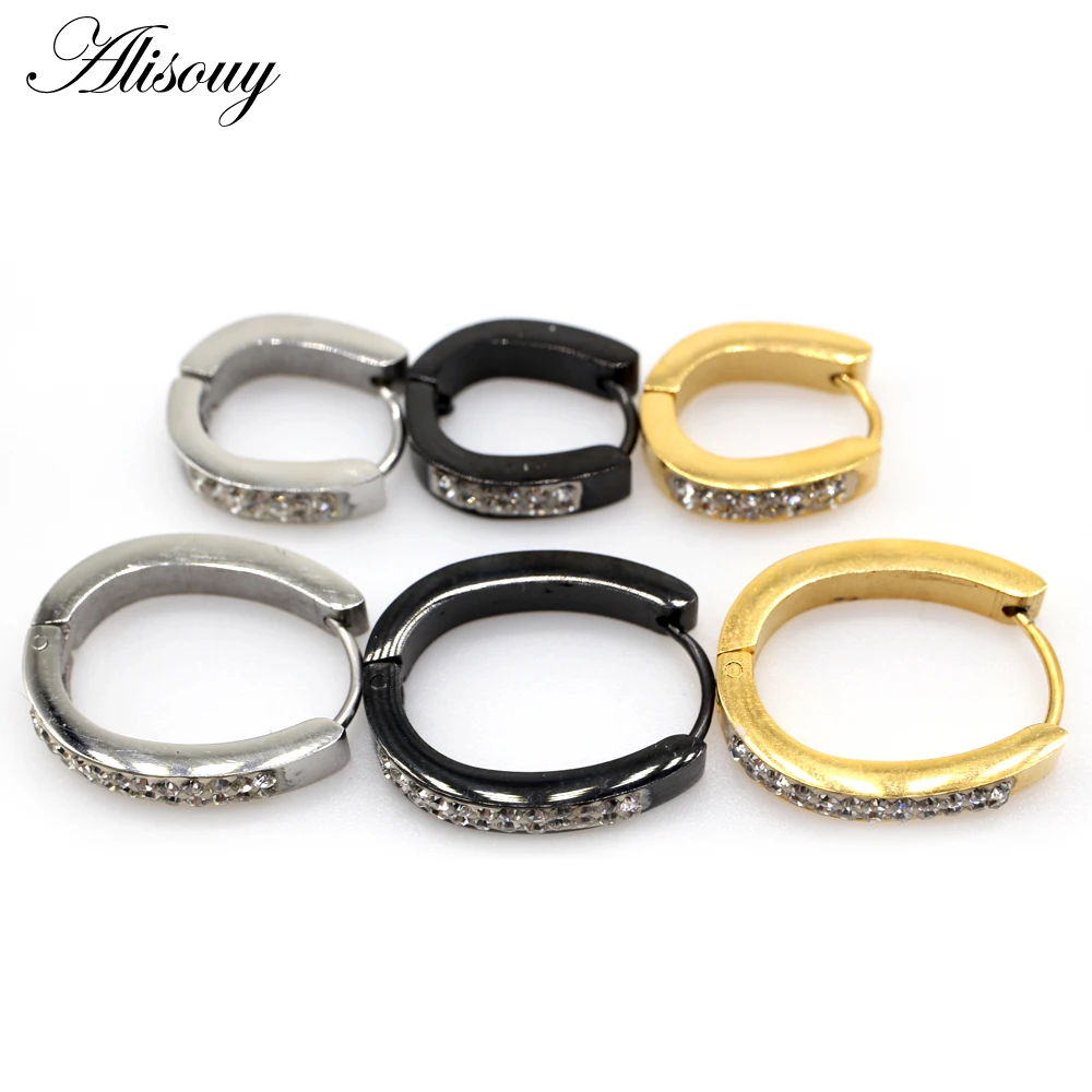 Alisouy 2pcs Crystal U Pattern Oval Rivet Cone Stainless Steel Women Men Huggies Ear Buckle Hoop Earring Unisex Piercing Jewelry