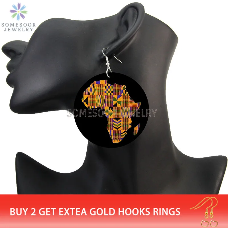 SOMESOOR Afro Fabric Artistic Printed Vintage Black Wooden Drop Earrings African Ethnic Bohemian Big Loops Dangle For Women Gift