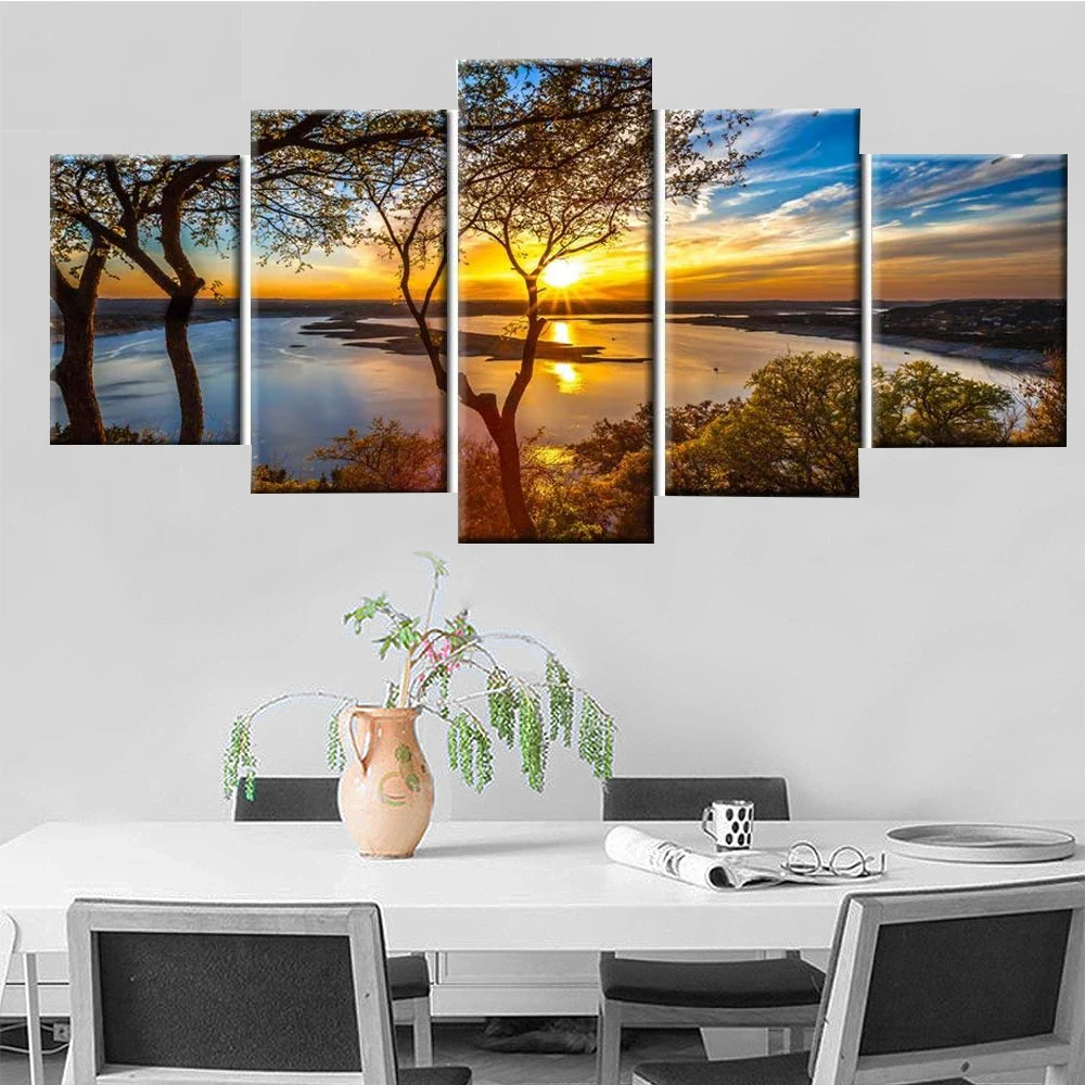 

5 Piece Wall Art Canvas Painting Landscape Tree Lake Sunset Posters Nordic Living Room Home Decorative Framework Modular