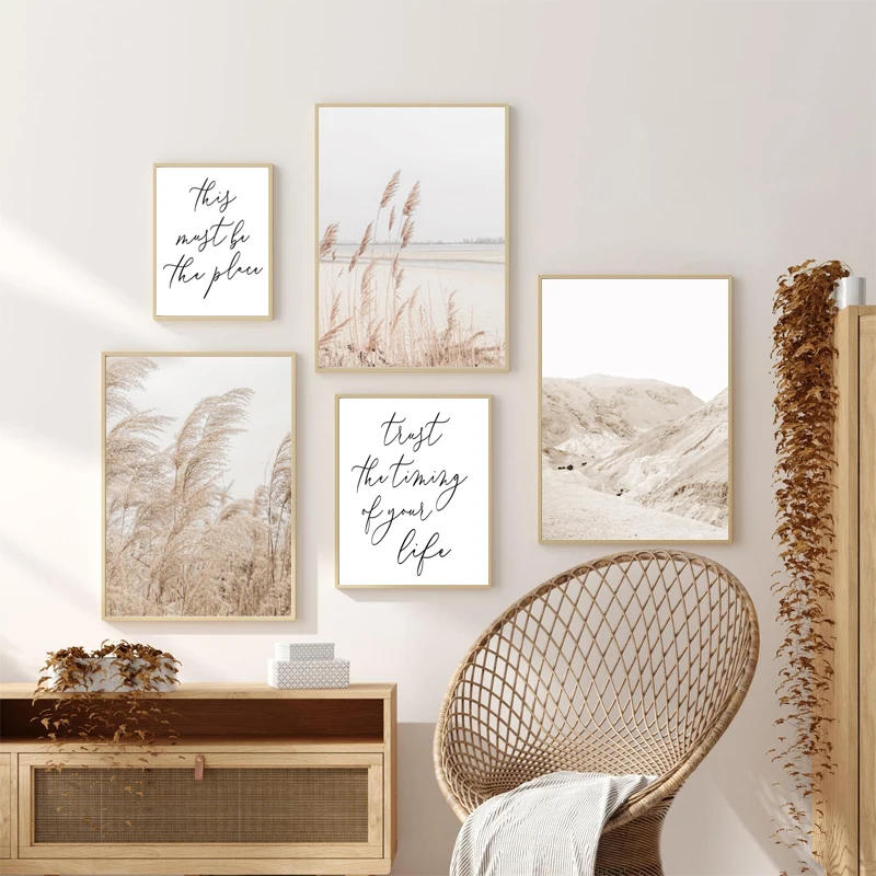 Desert Mountain Landscape Photo Posters and Prints Beige Neutral Boho Style Pampas Grass Canvas Painting Wall Art Pictures Decor