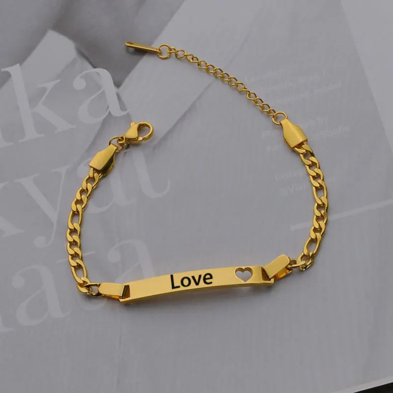 Personalized Customized Stainless Steel Bracelets Engraved Words Hollow Heart Bar For Women Men Name Date Engraved Couple Gifts