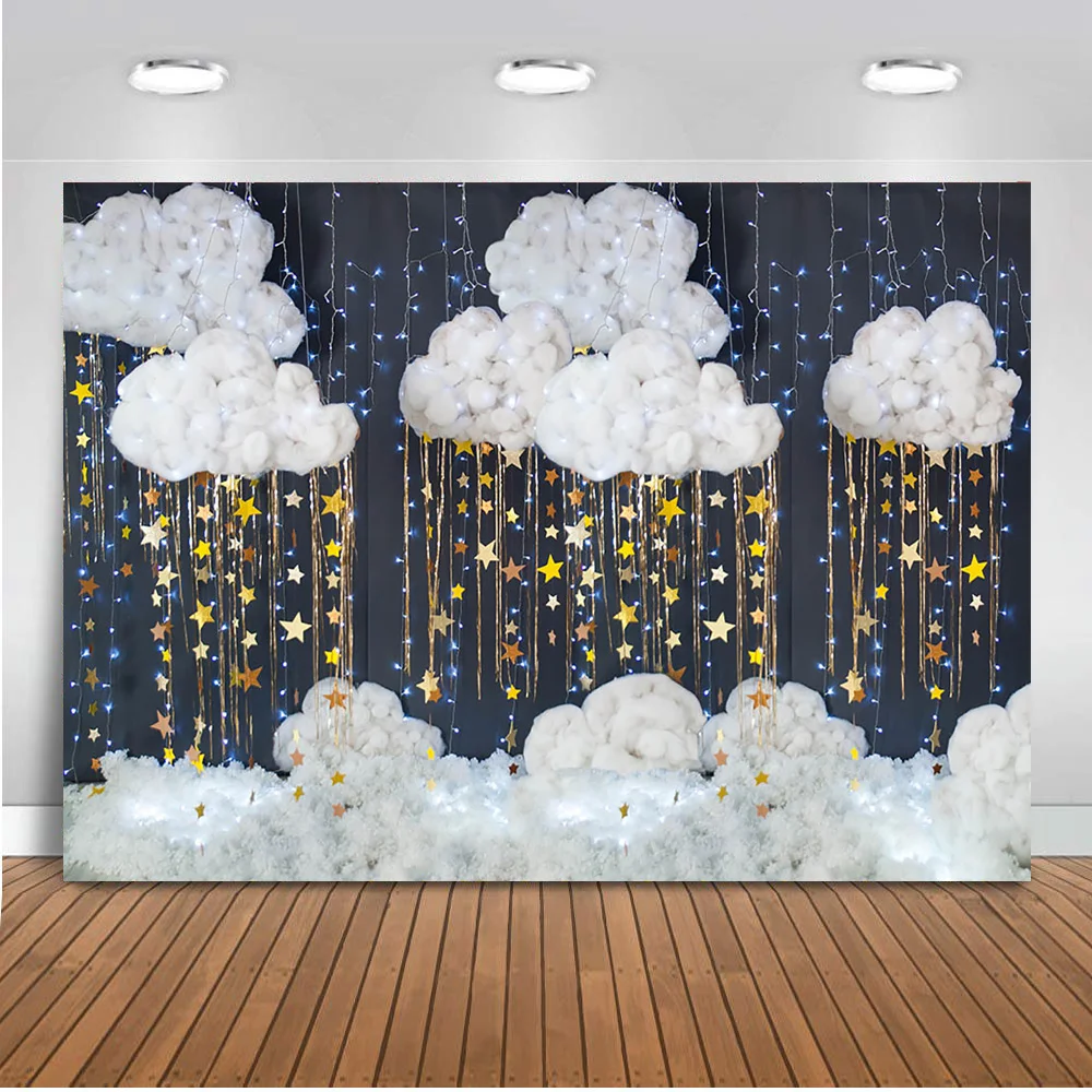 Newborn Portrait Photography Backdrop Photocall Cloud Golden Tassel Stars Shiny Baby Birthday Party Banner Decor Background