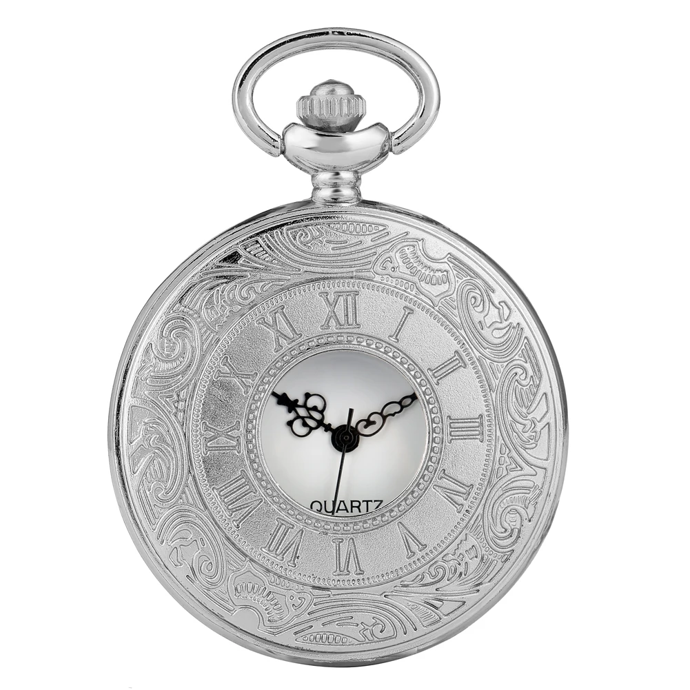 Silver Color Cover Pocket Watch Classic Half-hollow with Roman Numerals Case Pocket Watches Alloy Slim Chain Pendant Watch