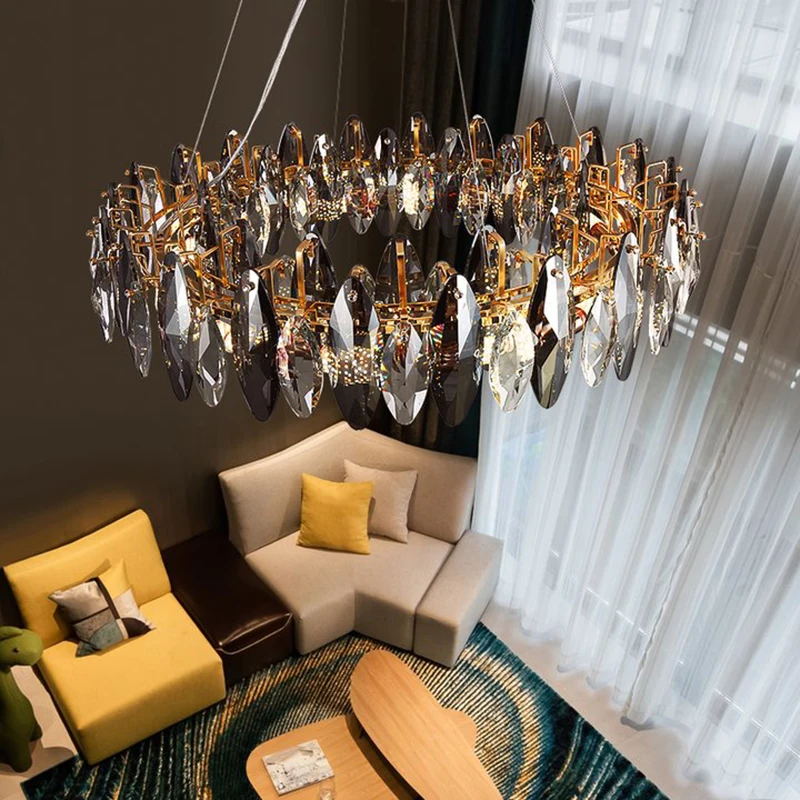 Modern Crystal Round Shape Chandelier For Living Room Luxury Smoky Gray Crystal Lamp Bedroom Hanging Light Golden Lamp Body