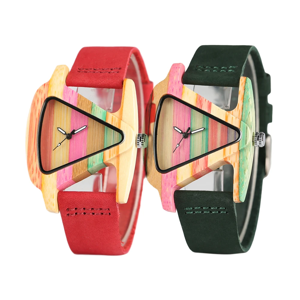 Women Watches Triangle Hollow Wood Watch Creative Colorful Stripe Bamboo Clock Women's Hour Fashion Lady 2020 Leather Wristwatch