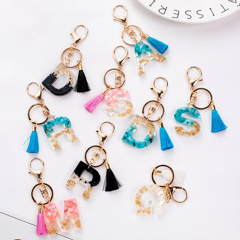 Orignal Creative Letter Alphabet Crystal Arylic Liquid Keychain For Women Key Chains Ring Car Bag Tassels Pendent Charm  D587