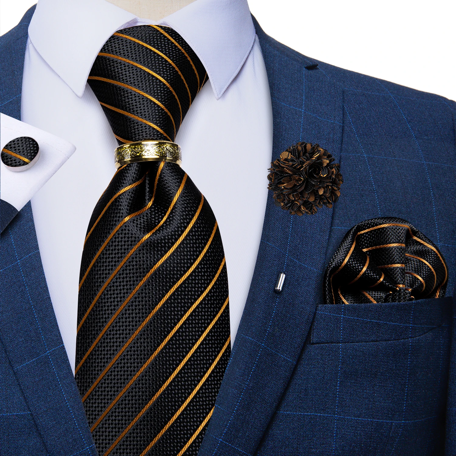 Luxuriöse Blau-Gold Paisley-Krawatten für Herren, Business-Hochzeits-Krawattenset mit Krawattenring, Brosche, Manschettenknöpfen und Einstecktuch – Detail 21