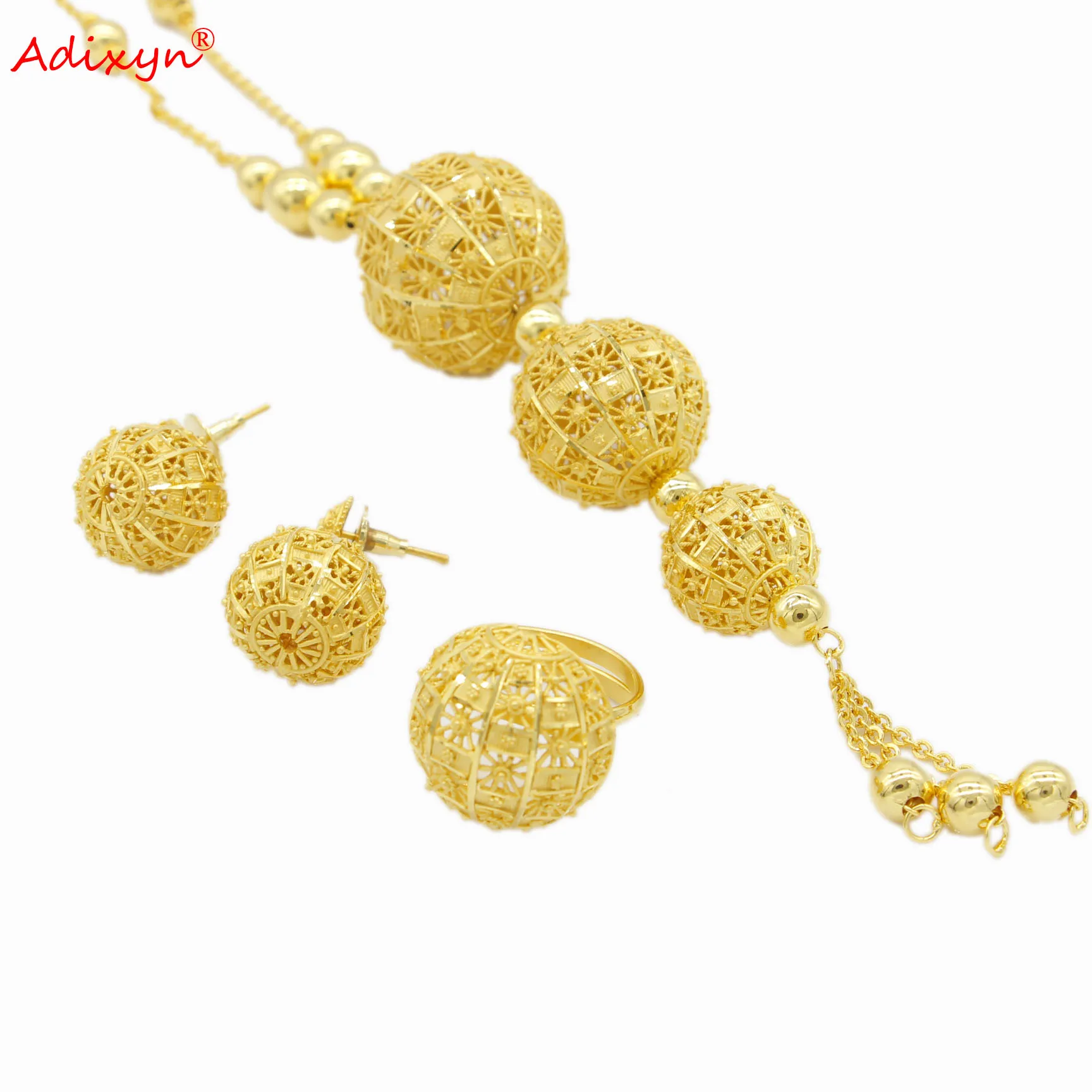 Adixyn African 24K Gold Color Fine jewelry sets Ethnic Necklace Earrings Ring set for Women Bridal Wedding Gifts N082812