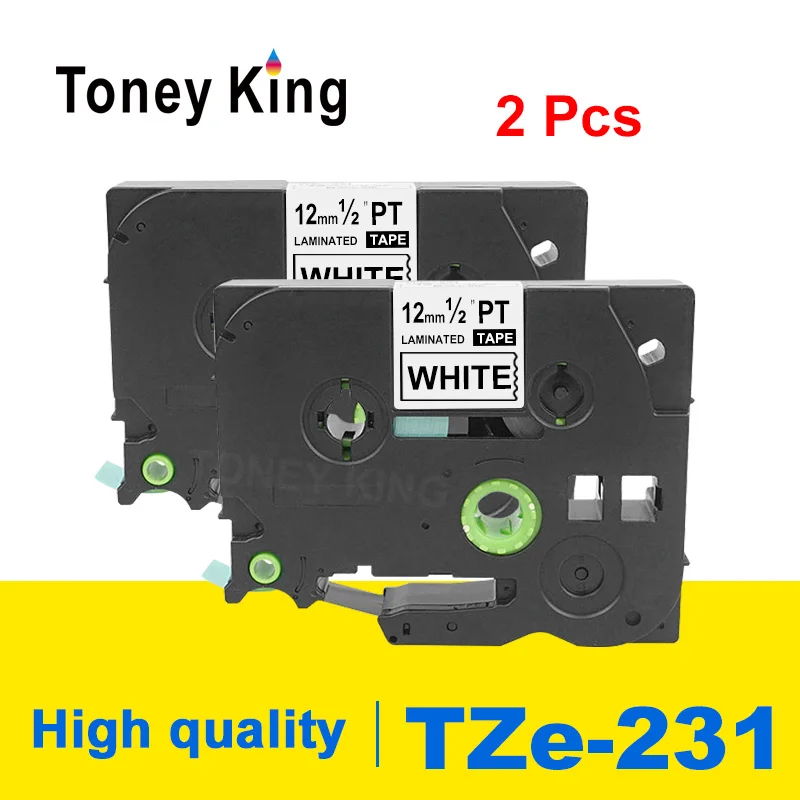 Toney King 2PCS tz231 tze 231 p-touch 12mm Black on White Label Tape tze-231 tz-231 for Brother Printer tze131 431 531 631